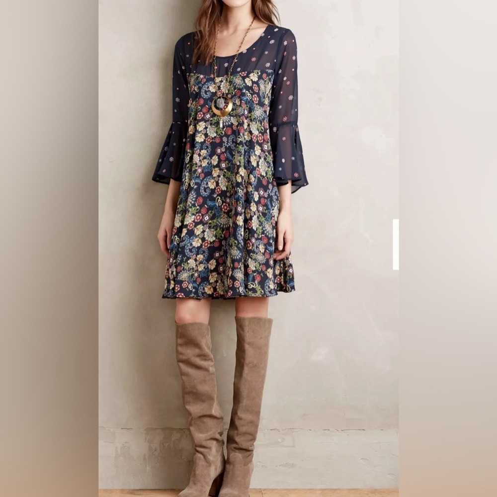Anthropologie Paper Crown Navy Floral Bell Sleeve Shift Dress XSP Petite